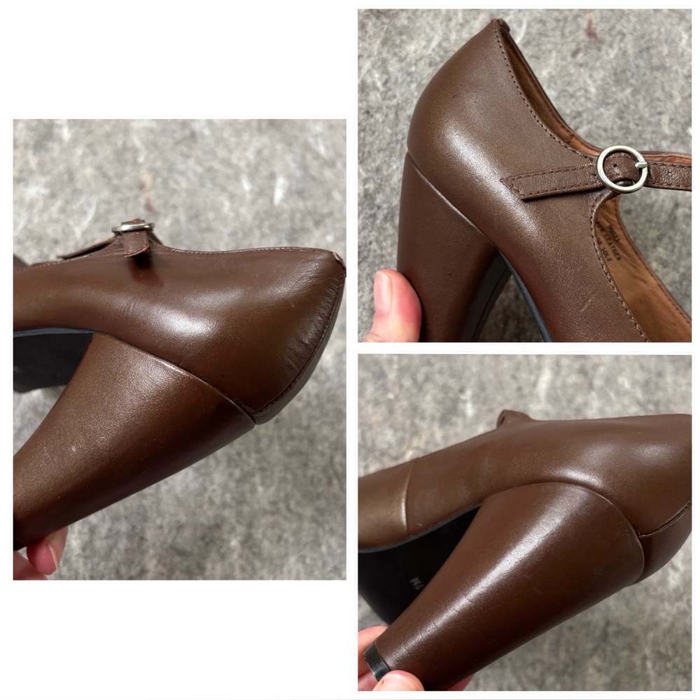 Crown Vintage brown leather ruffled T-strap heeled mary janes pumps - Picture 16 of 16